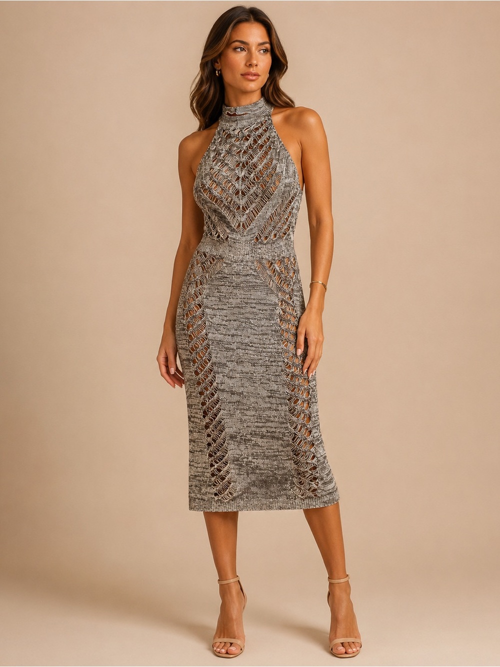 bebe Gray Sleeveless High-Neck Knit Midi Dress